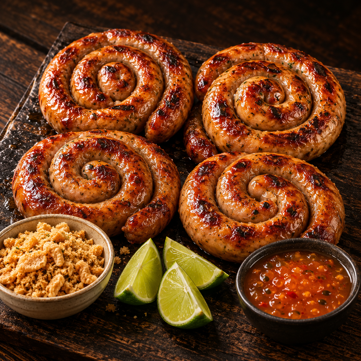 Linguiças em espiral com farofa, geleia e limão